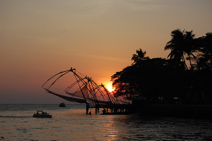 рибарски мрежи, Индия, поток, залез