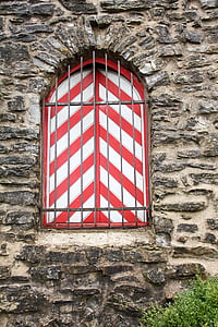 okno, hrad, zeď, pruhy, červená bílá, mřížka
