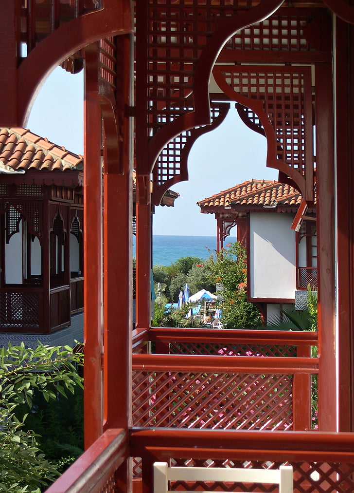 balkong, sjøen, ferie, huset, bygge, arkitektur, Asia