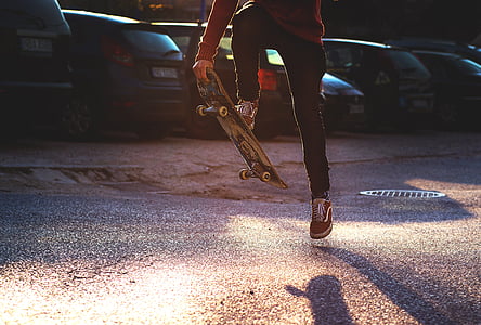 person, road, shoes, skate, skateboard, skateboarder, skateboarding