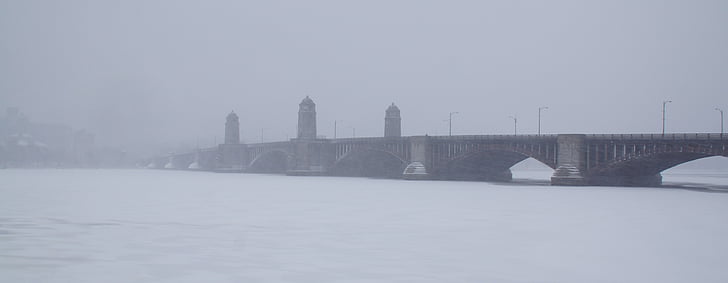 híd, folyó, Charles river, Longfellow-híd, Massachusetts, Boston, jég