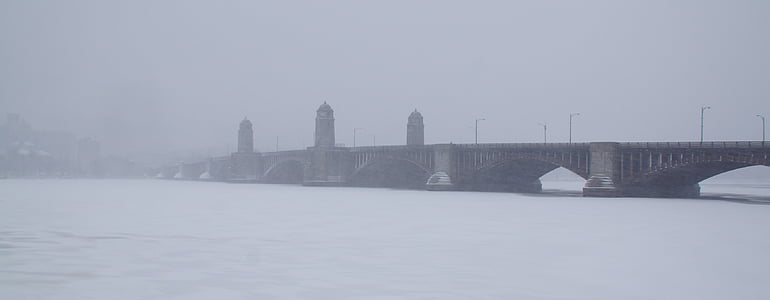 мост, Река, Чарльз Ривер, Лонгфелло мост, Массачусетс, Бостон, лед