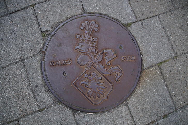 lid, floor, old, admitted, metal, malmö, coat of arms