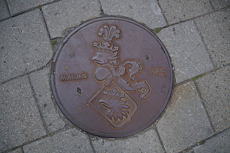 deksel, vloer, oude, toegelaten, metaal, Malmö, wapenschild