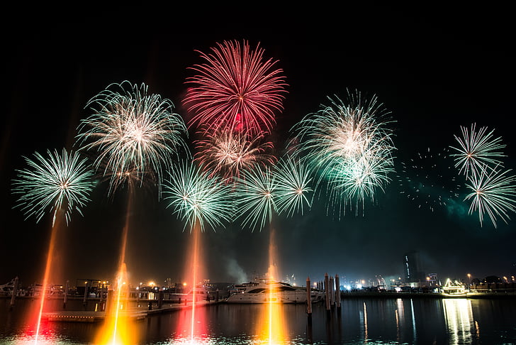 boat, dubai, fireworks, marina, night, firework display, celebration