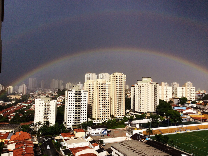 arc, iris, rainbow, city, sky