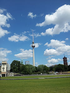 berlin, tv tower, meadow, city, transmission tower, architecture, structures