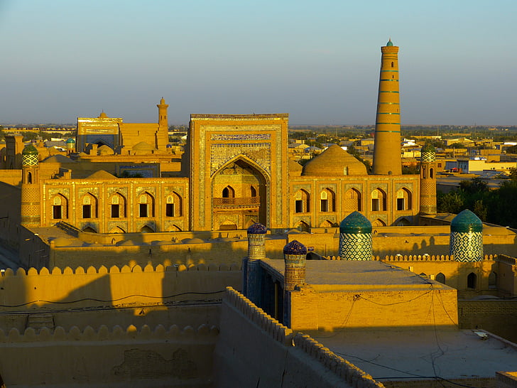 Khiva, cidade, vista da cidade, velho, abendstimmung, Uzbequistão, pôr do sol