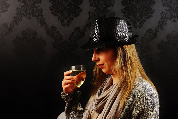 woman, hat, champagne, wine, drink, mysterious, fashion