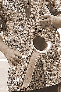 hudebník, sépie, Afrika, Jihoafrická republika, saxofon, lidská ruka, lidé