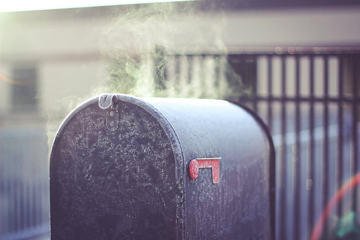 photo, black, metal, heater, mailbox, steam, text
