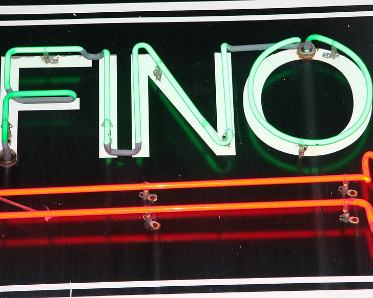 neonový nápis, Fino, Neon, světlo, osvětlené, noční, záře