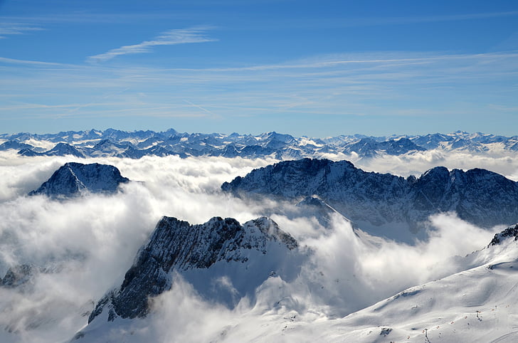 summit, clouds, mountains, sky, alpine, landscape, nature