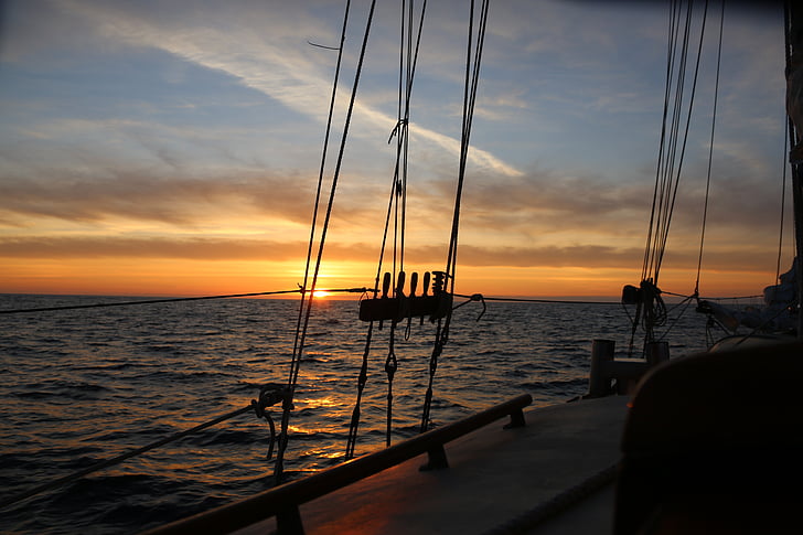 naplemente, óceán, vitorlás hajó, sziluettjét, hevederek, vászon