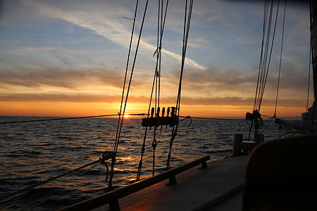 matahari terbenam, laut, perahu layar, siluet, Sling, kanvas