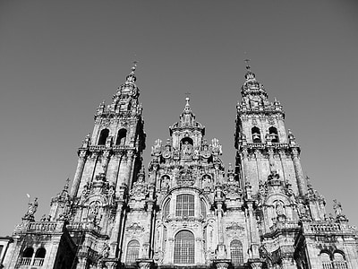 barokki, katedraali, Santiago Compostela, musta ja valkoinen