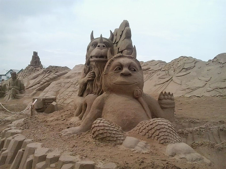 pijesak, skulptura, Izložba, plaža, stvorenje, mitska, fantazija