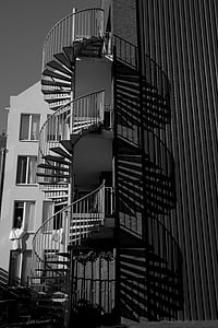 αρχιτεκτονική, παγίδα, ελικοειδή σκάλα, κτίριο, στυλ, σκιά, μαύρο άσπρο