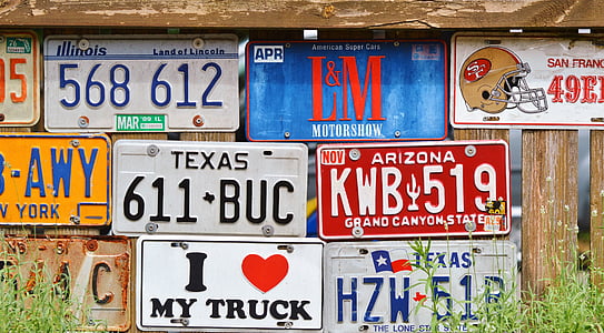 license plate, car shield, american number plates, metal sign, fence, deco, decoration