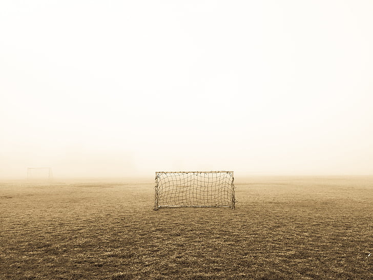 abandonado, campo, niebla, fútbol, objetivo, hierba, niebla