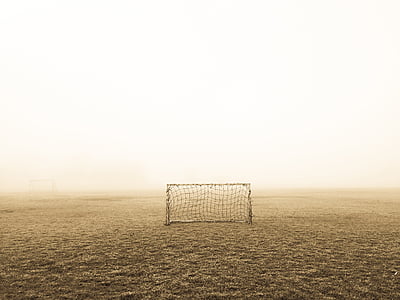 deserted, field, fog, football, goal, grass, mist