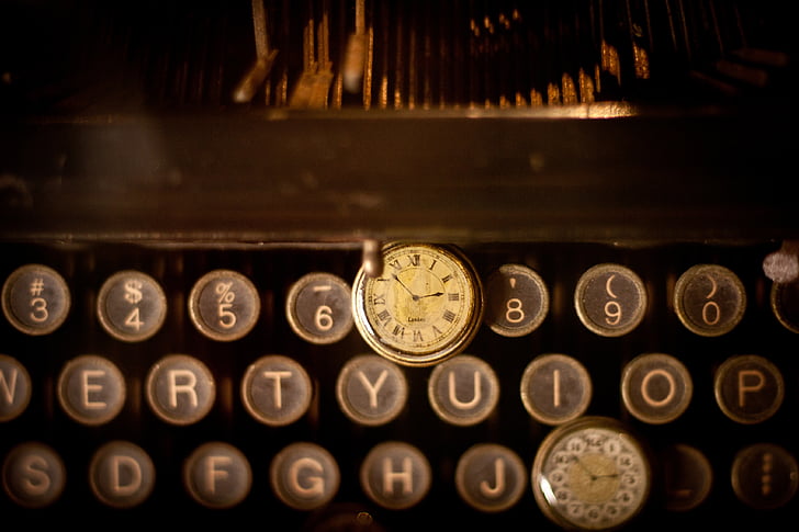 marrom, máquina de escrever, letras, relógio, tempo, vintage, oldschool