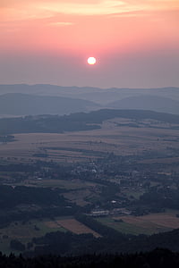Panoramatické, Zobrazenie, Valley, Hills, západ slnka, večer, scéna