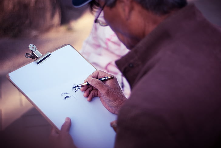 people, old, elderly, man, pen, paper, drawing
