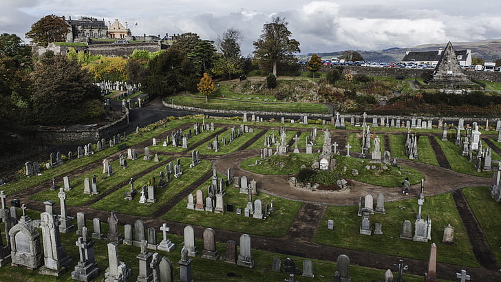 kyrkogården, slott, molnig dag, Skottland, Sterling, landskap, tombstone
