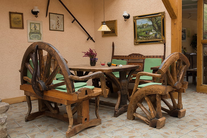 seating area, rustic, rural, restaurant, table, bank, chair
