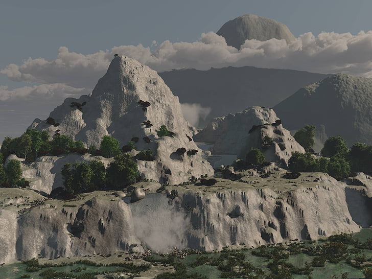 Незабаром, 3D art, гори, скелі, Водоспад, фантазія, краєвид