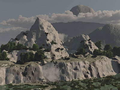 kommer snart, 3D kunst, fjell, klipper, foss, Fantasy, landskapet