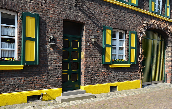 clădire, fatada, galben, verde, vârsta, arhitectura, fereastra