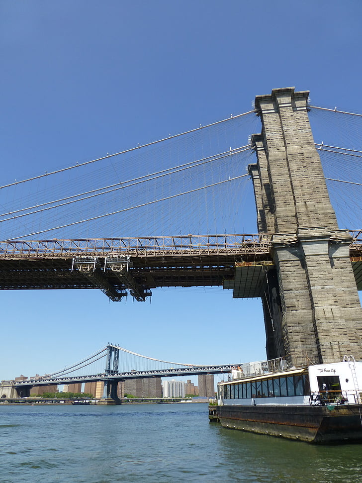 Most Brookliński, Nowy Jork, East River, Boot, Most, wody, Stany Zjednoczone Ameryki