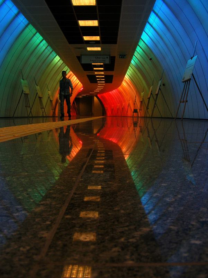 subway, color, man, tunnel, lights