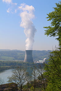 landscape, river, nuclear power plant, cooling tower, vapor column, water vapor