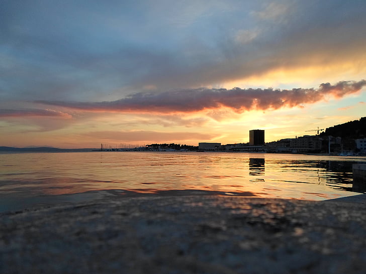 solnedgang, sjøen, Kroatia, skyer