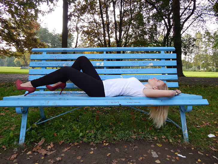 girl, park, stromovka, bench