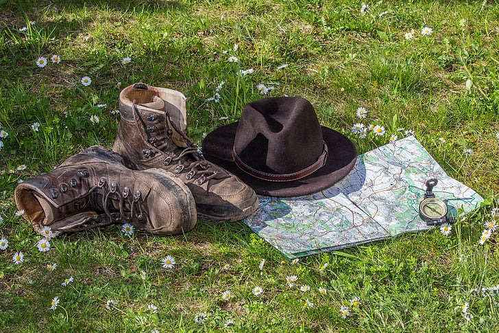 hiking, map, orientation, hiking shoes, shoes, hat, travel