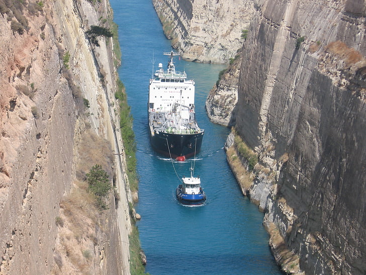 Korinthoszi-csatorna, szűk, hajó, szállítás, tenger, tengeri hajó, ipari hajó