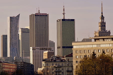 Varšava, kancelářské budovy, mrakodrapy, středem, Palác kultury, Centrum města, město