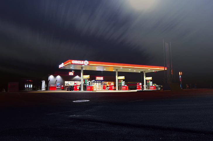 blur, dusk, evening, gas station, highway, lights, long exposure