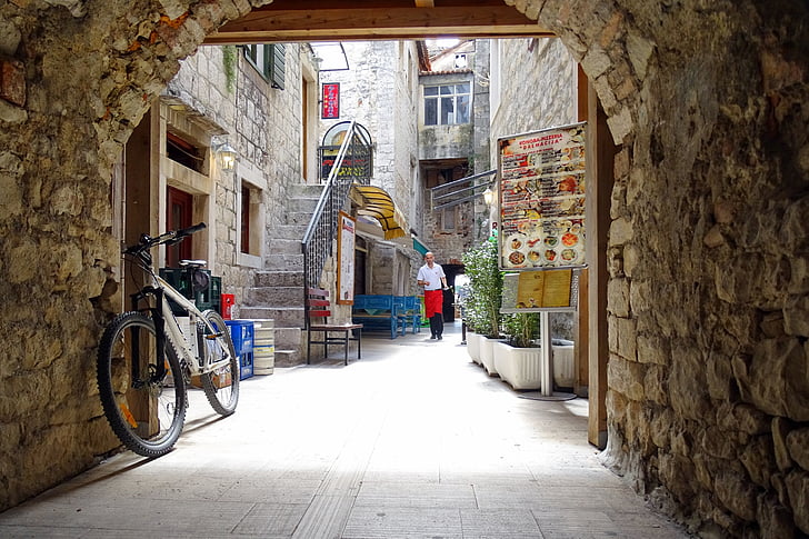 Trogir, gamlebyen, Kroatia, Dalmatia, streetscape, mål, Alley