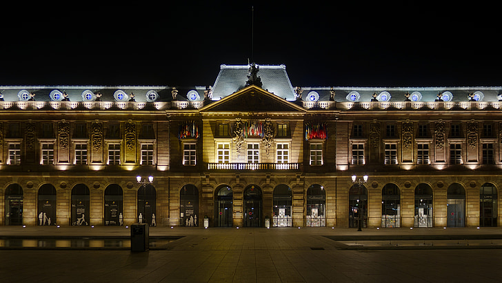 aubette, Strasbourg, Alsace, historiske, arkitektur, belyst, nat
