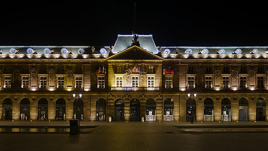aubette, Strasbourg, Alsace, historiske, arkitektur, belyst, nat