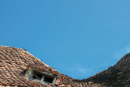 marrón, de baldosas, techo, azul, cielo, soleado, día