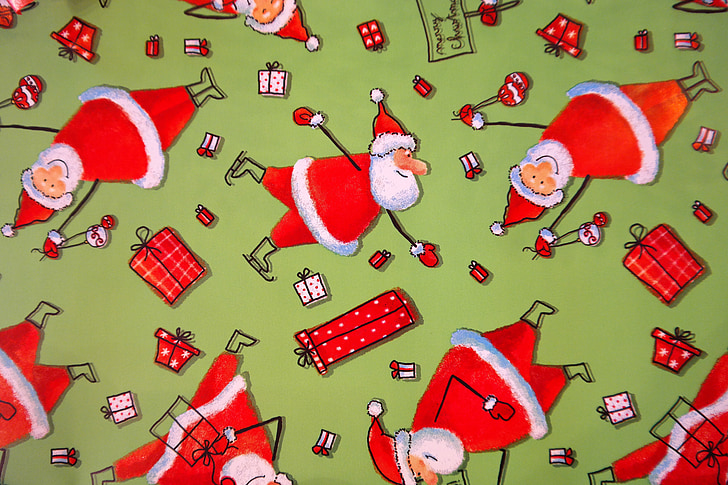 papier d’emballage, clauses de Santa, drôle, vert, rouge, cadeau, faites