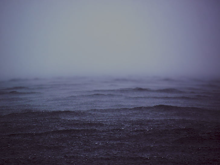 ocean, waves, rain, dark, fog, hazy, water