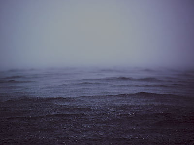 ocean, waves, rain, dark, fog, hazy, water