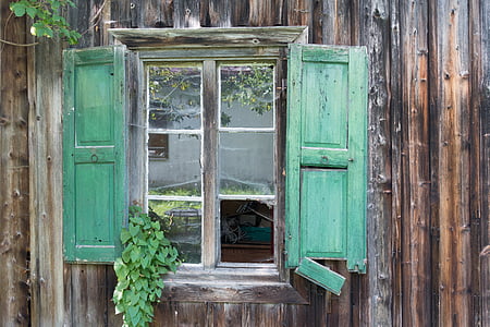 Cabana, fusta, finestra, obturador, vidre, trencat, vell